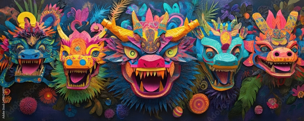 Fototapeta premium Colorful dragon masks in a vibrant festival setting, celebrating tradition and culture with bright colors and intricate designs, showcasing festive atmosphere