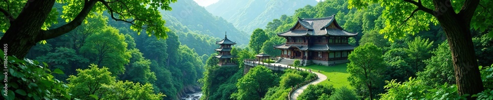 Lush green forest surrounding the temple complex, natural surroundings, nature scene, serene atmosphere Lush green forest surrounding the temple complex, natural surroundings, nature scene, serene atmosphere