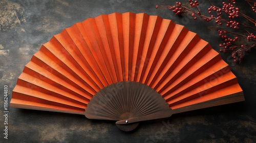 Vibrant red folding fan displayed against a deep red background