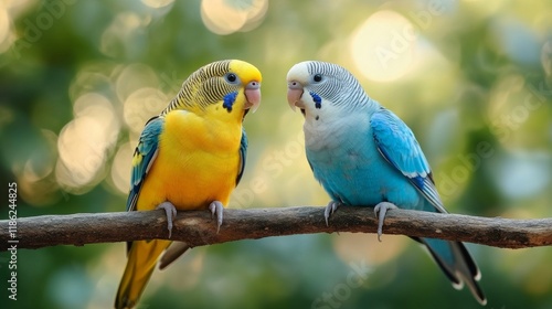 Colorful pair of budgerigars resting on a branch in a vibrant autumn environment