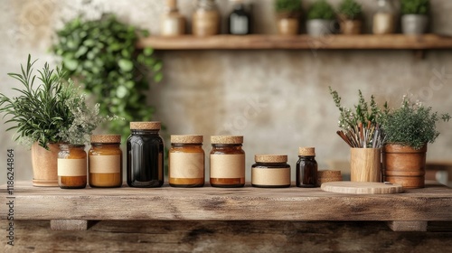 Natural jars and herbs displayed on a wooden table in a cozy interior space s...