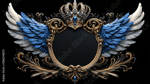 An ornate royal frame with golden details and blue angelic wings symmetrically spread around a dark blank space creating an elegant luxurious design  
