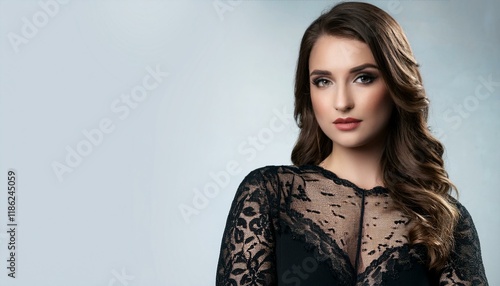 beautiful young woman in black lace nightgown, AI generated photo