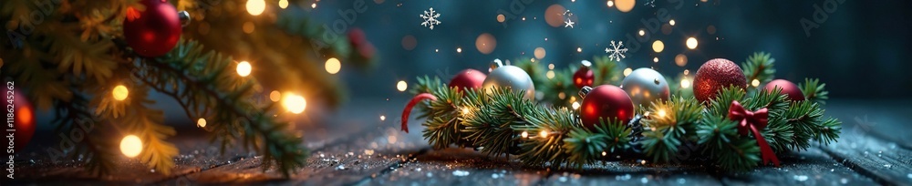 Sparkly snowflakes falling on a festive wreath, twinkling lights, shiny balls Sparkly snowflakes falling on a festive wreath, twinkling lights, shiny balls