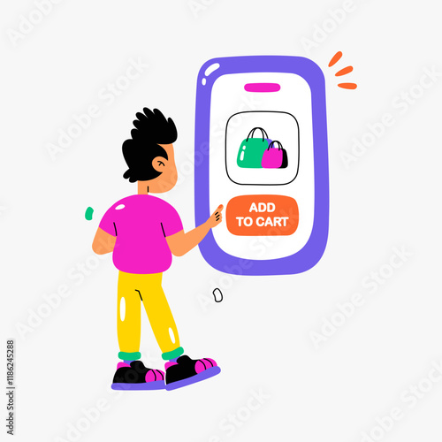 Man shopping online on smartphone in flat vector illustration symbolizing e commerce, digital shopping, and technology, isolated on white background