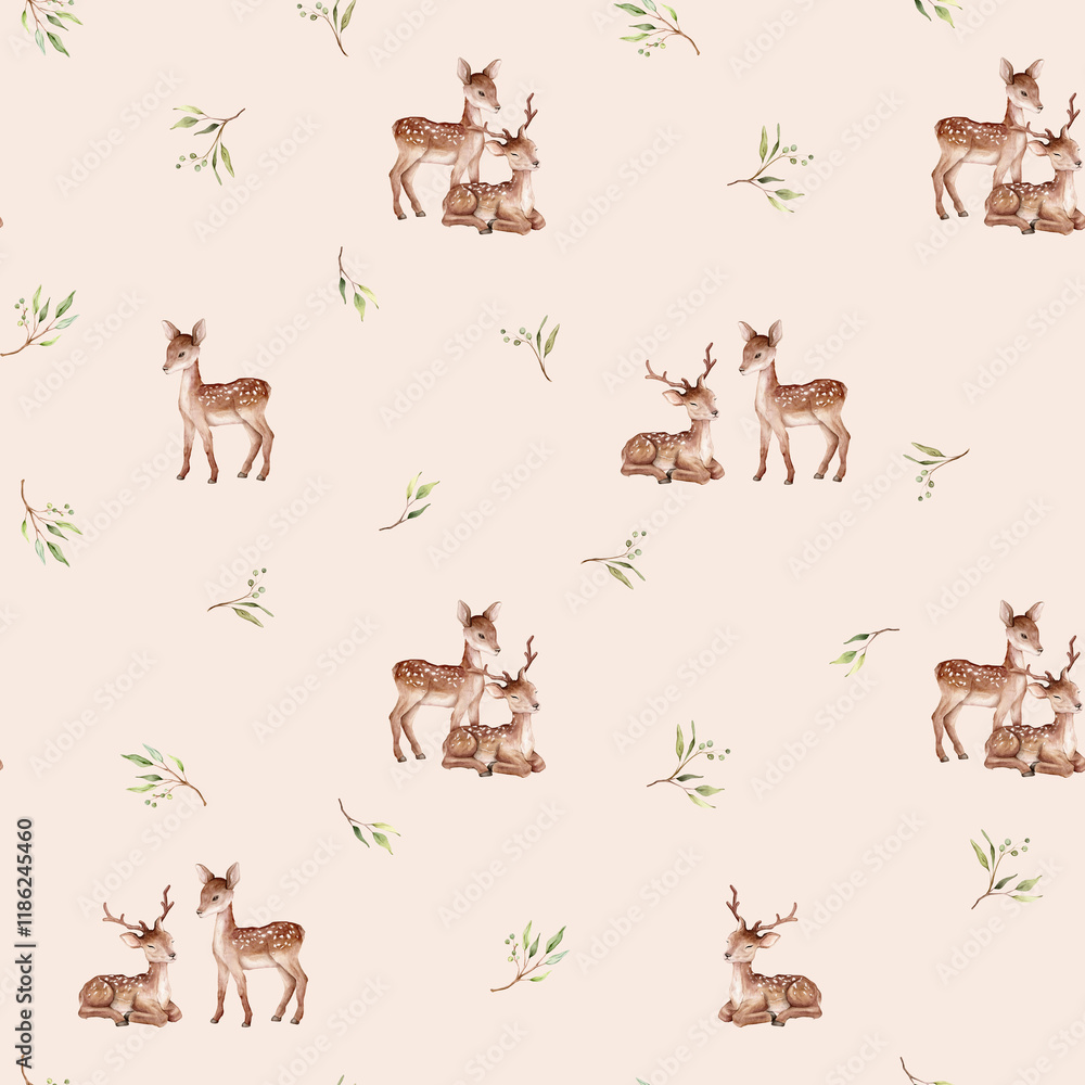 Watercolor seamless pattern with deer and eucalyptus leaves and green berry. Cute childrens repeat wallpaper muted color with forest animals. Hand drawn illustration isolated on background. Watercolor seamless pattern with deer and eucalyptus leaves and green berry. Cute childrens repeat wallpaper muted color with forest animals. Hand drawn illustration isolated on background.