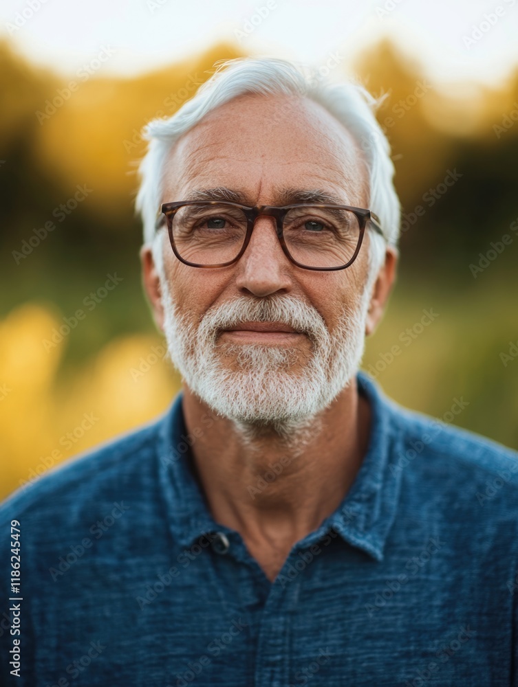 Close-up portrait of a distinguished senior man with glasses in a vibrant outdoor setting during golden hour, featuring lush green background and ample copyspace. Close-up portrait of a distinguished senior man with glasses in a vibrant outdoor setting during golden hour, featuring lush green background and ample copyspace.