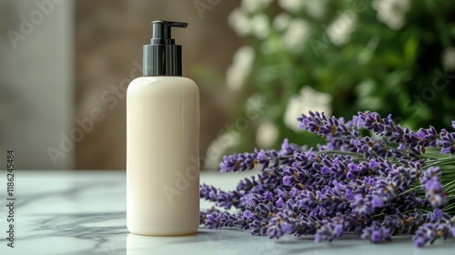 Lavender-scented lotion bottle beside fresh lavender flowers on a marble surface