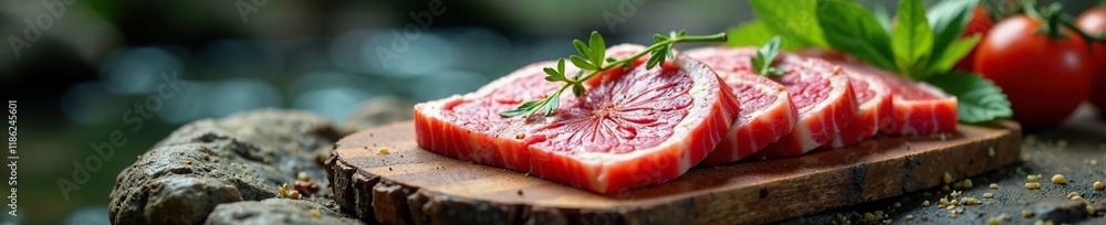 Thinly sliced marinated raw pork steak on a river stone surface, rawmeat, grillfood Thinly sliced marinated raw pork steak on a river stone surface, rawmeat, grillfood