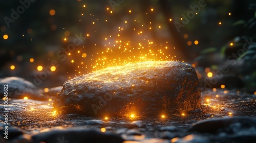 Glowing rock surrounded by sparkling particles in a tranquil forest setting d...