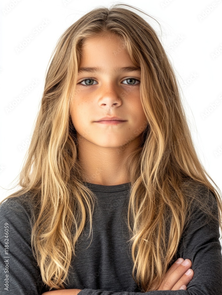 Naklejka premium Portrait of a Young Boy with Flowing Blond Hair and Deep Blue Eyes Against a Bright White Background with Ample Space for Text and Copy Area