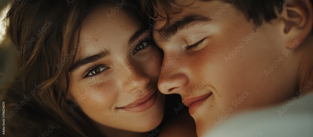 Young beautiful couple in intimate close-up with soft natural lighting, warm tones, and ample empty copyspace for text. Young beautiful couple in intimate close-up with soft natural lighting, warm tones, and ample empty copyspace for text.