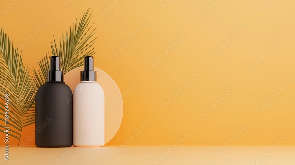 Geometric Display of Cosmetics Bottles on a Warm Yellow Background with Tropical Leaves, Ideal for Beauty and Skincare Promotions Geometric Display of Cosmetics Bottles on a Warm Yellow Background with Tropical Leaves, Ideal for Beauty and Skincare Promotions