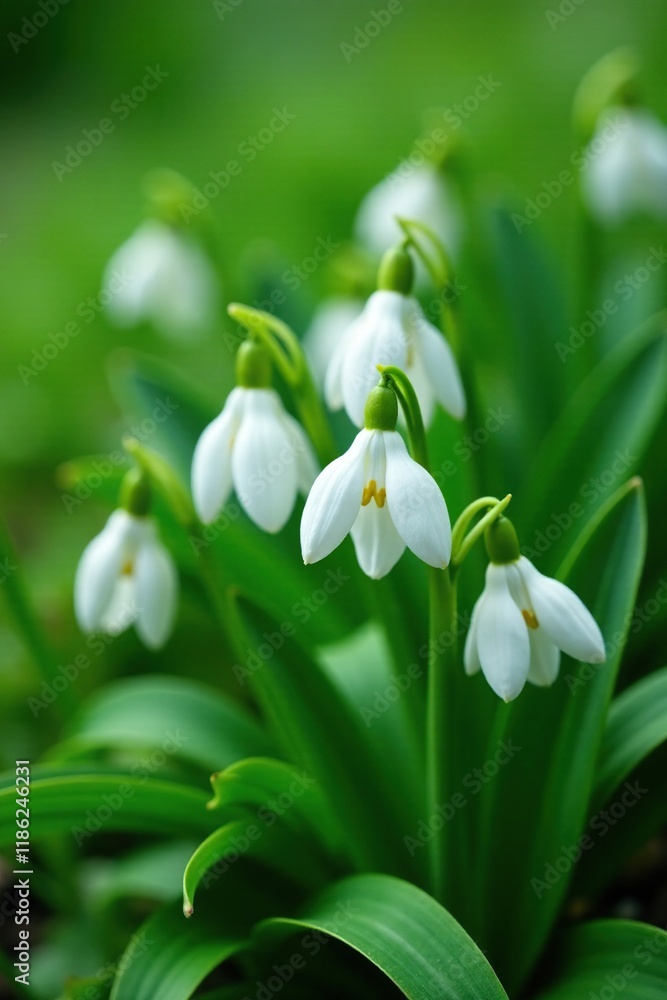 Delicate white blooms hide among leafy greens, plants, ornithogalum Delicate white blooms hide among leafy greens, plants, ornithogalum