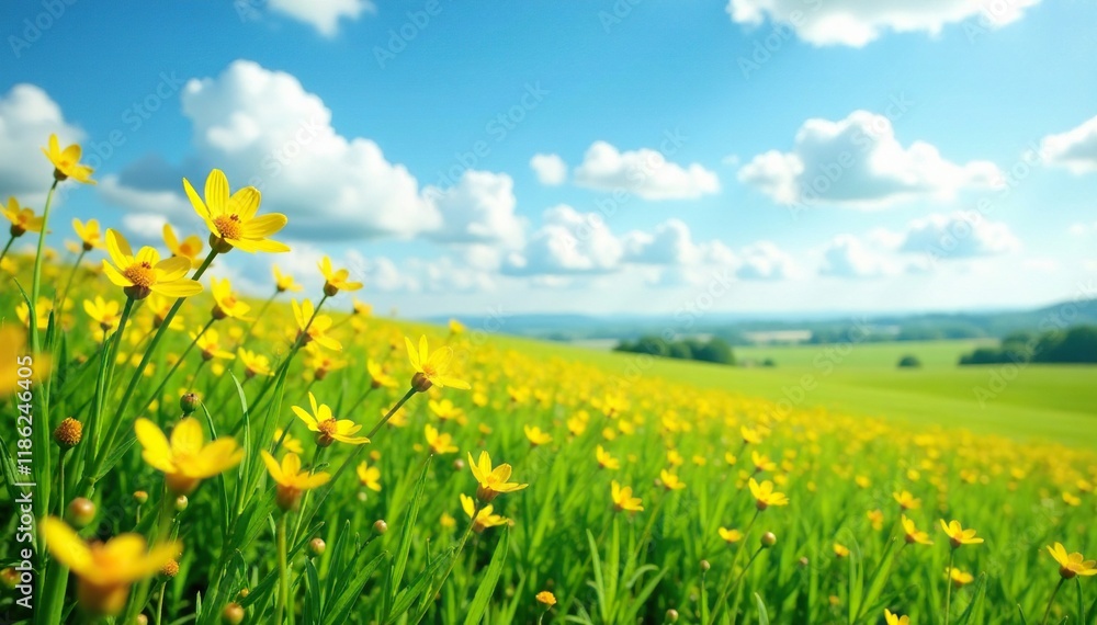 Golden yellow blooms sway gently in the breeze on lush green grass, fields, blue sky, landscape Golden yellow blooms sway gently in the breeze on lush green grass, fields, blue sky, landscape