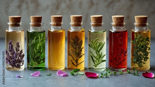 Assorted herbal oils and spices arranged on a dark surface showcasing vibrant...