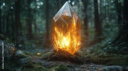 Mystical crystal glowing in an enchanted forest surrounded by rocks and ether...