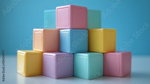 Colorful stacking blocks create a vibrant pyramid structure on a white surface