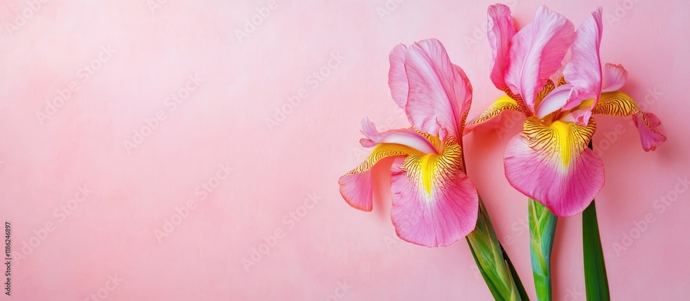 Obraz premium Pink and yellow iris flowers positioned on the left side against a soft pink background with ample empty space for text on the right side, top-down view.