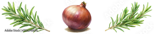 Fresh onion illustration, vibrant rosemary sprigs, culinary art, botanical design, kitchen decor.