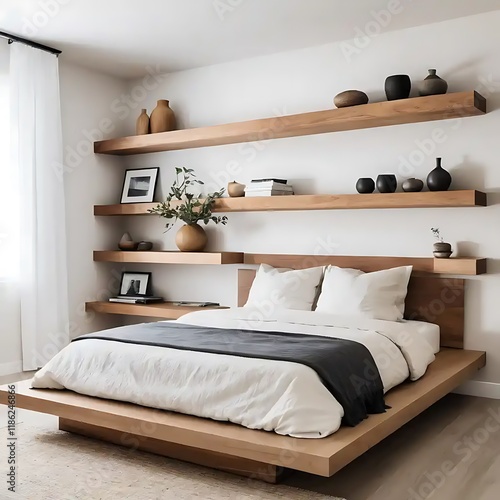 Modern minimalist bedroom with wooden platform bed and floating shelves