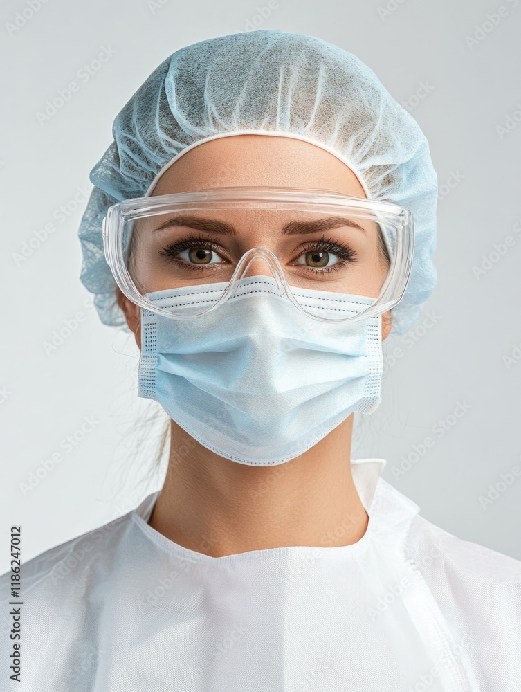 Professional portrait of a female healthcare worker in a blue surgical mask, protective glasses, and a light blue surgical cap against a neutral background, emphasizing personal protective equipment a Professional portrait of a female healthcare worker in a blue surgical mask, protective glasses, and a light blue surgical cap against a neutral background, emphasizing personal protective equipment a