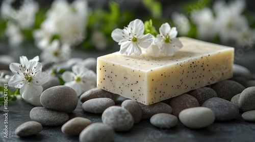 Elegant arrangement of natural soap and flowers on a marble surface in soft l...