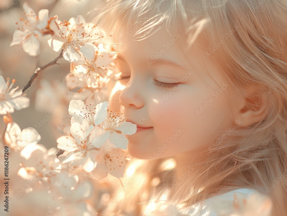 Little girl smiling while sniffing delicate white bird cherry flowers in a sunlit garden close-up, conveying joy and connection to nature. Little girl smiling while sniffing delicate white bird cherry flowers in a sunlit garden close-up, conveying joy and connection to nature.