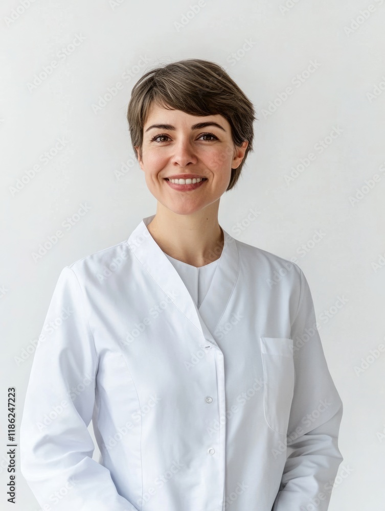 Smiling female healthcare professional in white medical uniform, bright background, centered pose, conveying warmth and friendliness with ample copy space for health and medical concepts. Smiling female healthcare professional in white medical uniform, bright background, centered pose, conveying warmth and friendliness with ample copy space for health and medical concepts.