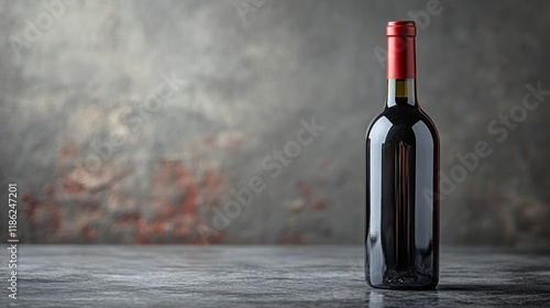 Elegant red wine bottle on a textured surface with soft lighting in the backg...