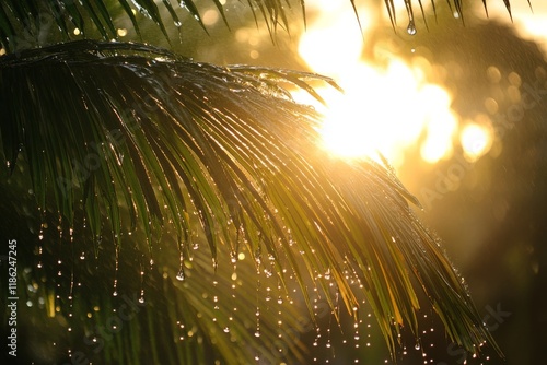 Sunlight filtering through palm leaves with water droplets enhancing the gold...