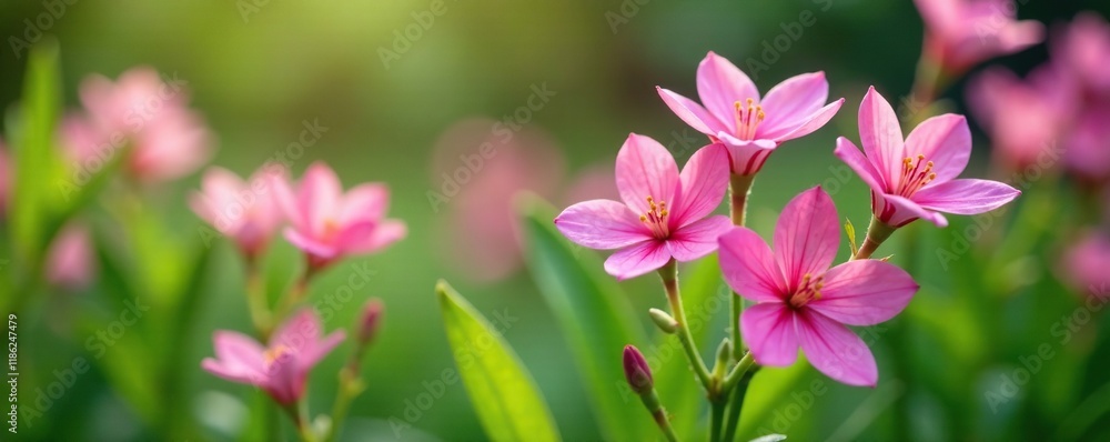 Delicate pink flowers blooming in a garden amidst green foliage and stems, flowering plants, pink flowers Delicate pink flowers blooming in a garden amidst green foliage and stems, flowering plants, pink flowers