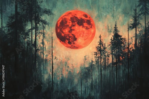 Full moon glowing red over dark forest landscape during night sky