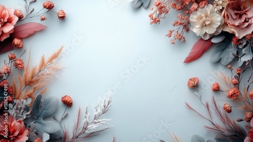 Floral arrangement on textured surface with dried flowers and petals creating...