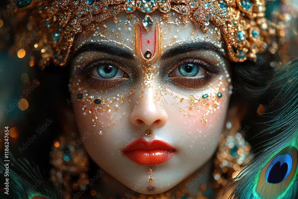 ethereal digital art of lord krishna with ornate golden crown peacock feathers and radiant aura spiritual portrait in vibrant colors ethereal digital art of lord krishna with ornate golden crown peacock feathers and radiant aura spiritual portrait in vibrant colors