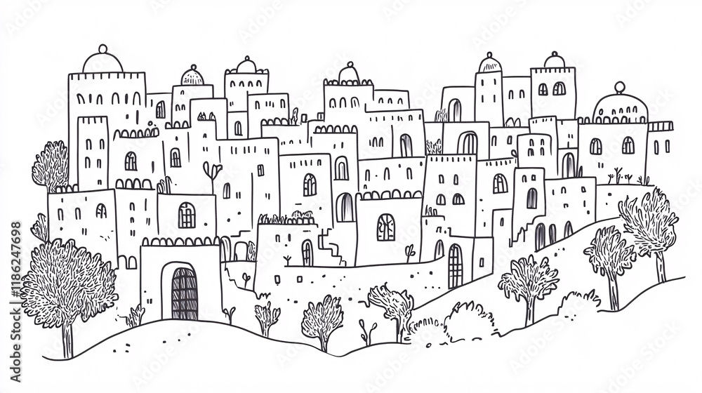 Obraz premium Intricate line art illustration of a densely packed hillside village with domed buildings, trees, and a white background
