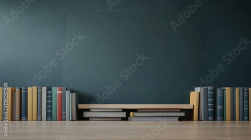 Bookshelves with assorted books in various colors including yellow, gray, and red against a dark green wall with ample empty space for text, wide angle perspective. photo