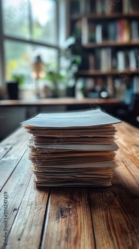 Stacked papers on a wooden table near a window in a cozy library setting