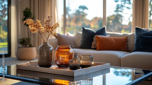 Beautiful blue decorative vases and plants arranged on a coffee table in a co...