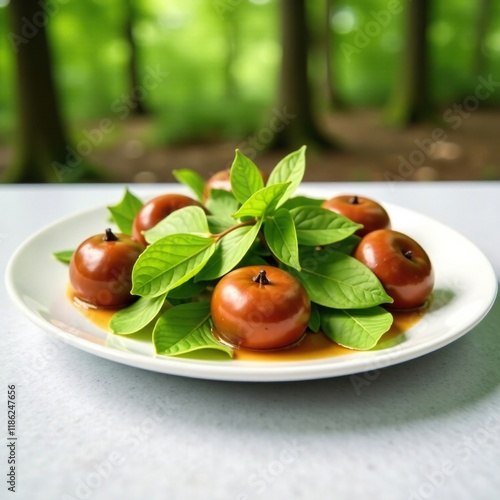 Beechnut and leaves on white plate-like surface, forest, , leafy photo