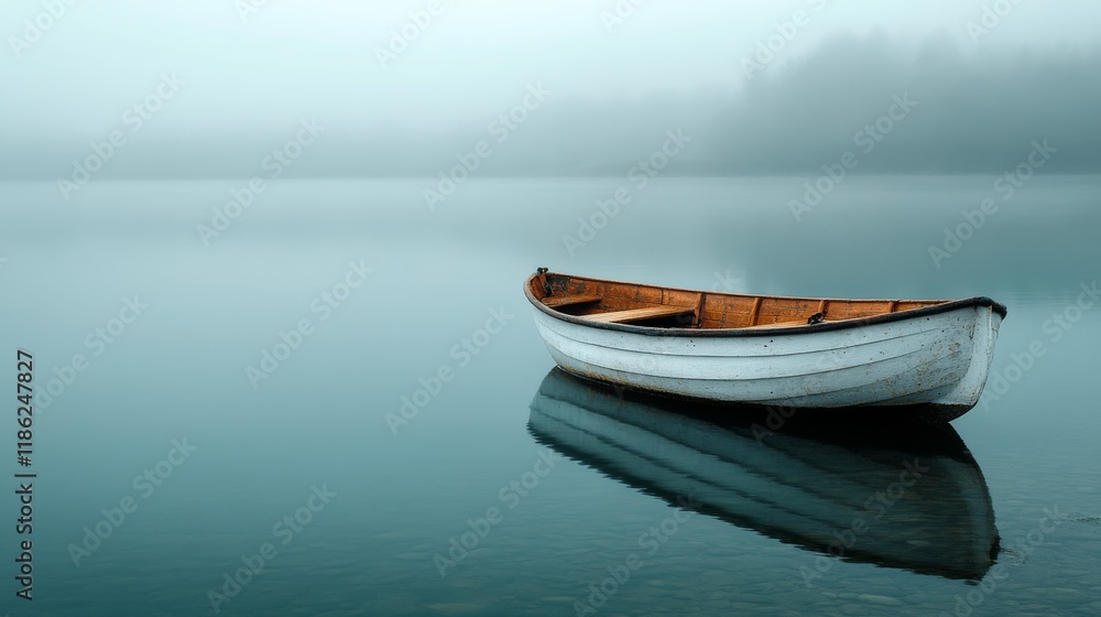 Serene early morning at the lake with a small boat floating peacefully on the calm water Serene early morning at the lake with a small boat floating peacefully on the calm water