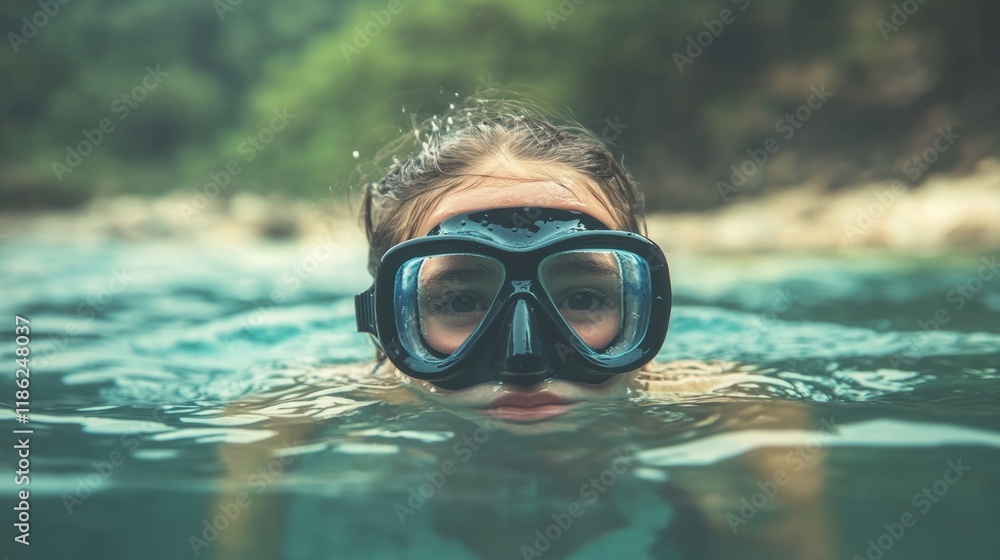 Naklejka premium young girl snorkeling in clear turquoise river water wearing snorkel mask with blurred green hills in background and ample copyspace for text