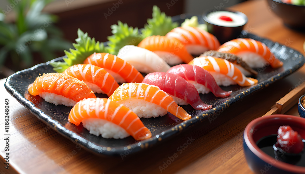 “Vector image of traditional Japanese sushi on a tray” “Vector image of traditional Japanese sushi on a tray”