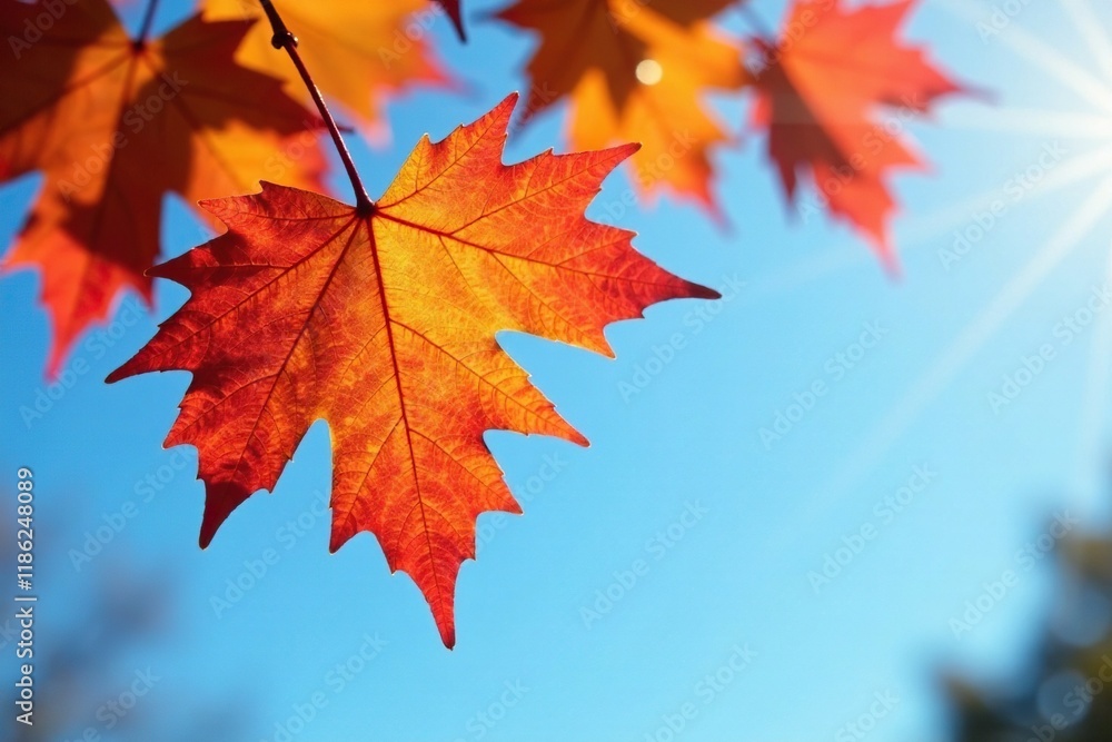 Fototapeta premium Leaf drops softly from maple branch against blue sky, nature, autumn, leaf drop