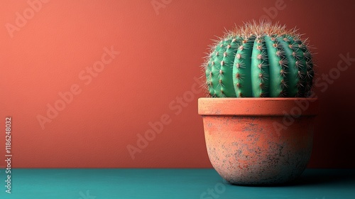 Spiky cactus in a terracotta pot against a warm-toned wall in a modern interi...