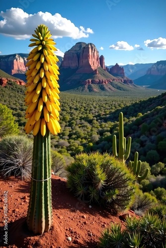 Sedona Arizona landscape with blooming banana yucca in the foreground, hills, landscape photo