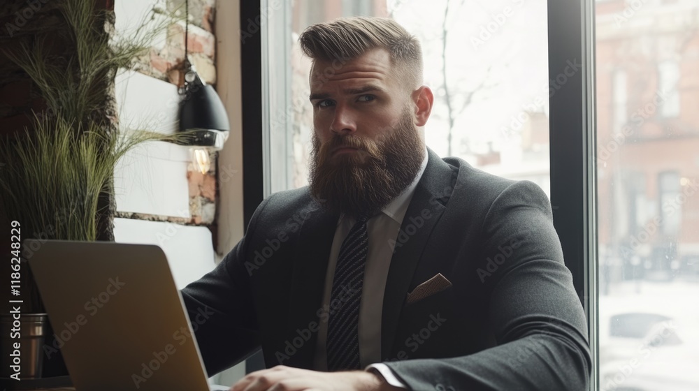 Fototapeta premium Young bearded man in a tailored suit and tie working intently on a laptop by a bright window in a modern urban workspace with empty copyspace for text.