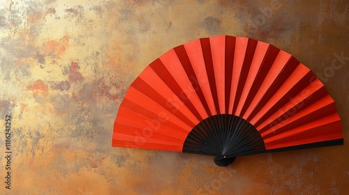 Decorative red fan against a golden background showcasing traditional craftsm...