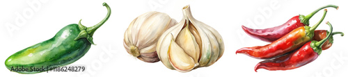 Fresh vegetables illustration, vibrant watercolor style, garlic and chili peppers, culinary art, healthy eating.
