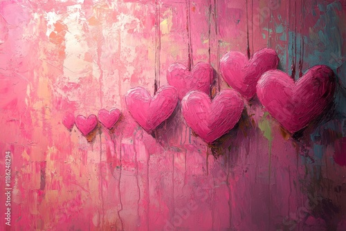 Colorful hearts on a pink background, celebrating love and affection in an ar...